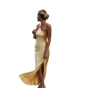 Commense Moonlight Open Back Satin Slit Long Dress Yellow Medium